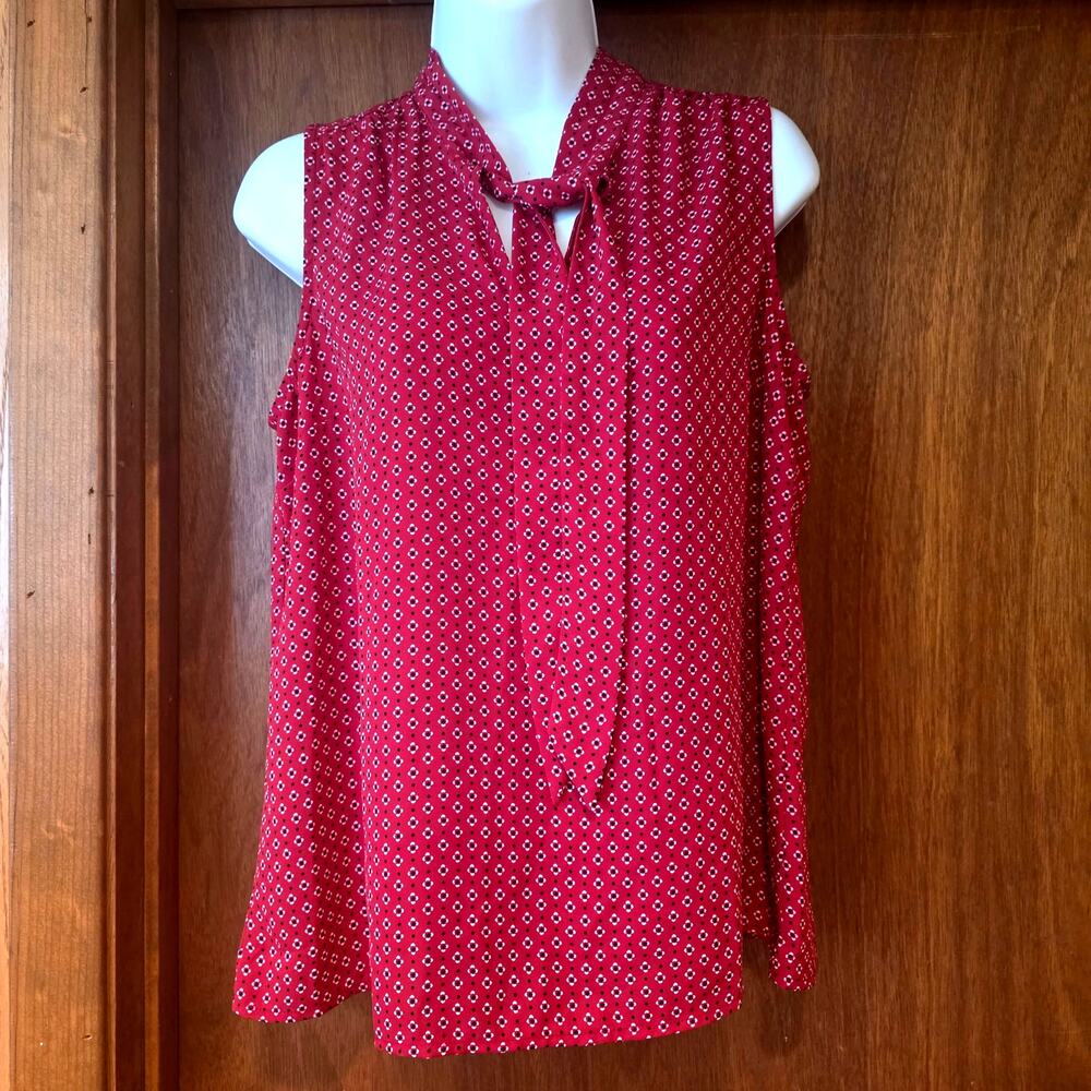 Tommy Hilfiger red geometric print sleeveless neck-tie blouse sz S - Picture 2 of 5